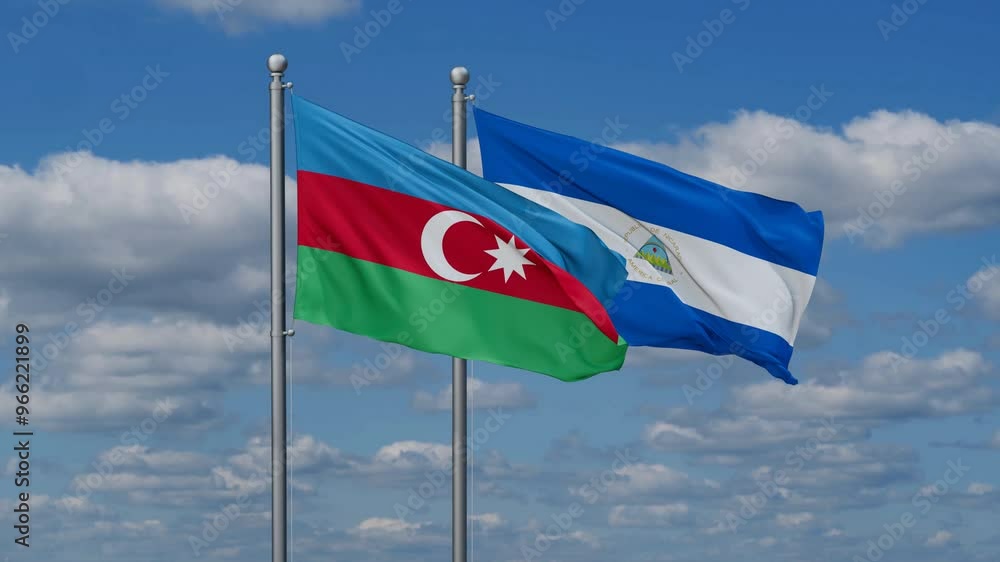 Nicaragua and Azerbaijan flags flying together, video concept of the relationship, two country relations concept Nicaragua and Azerbaijan flags flying together, video concept of the relationship, two country relations concept