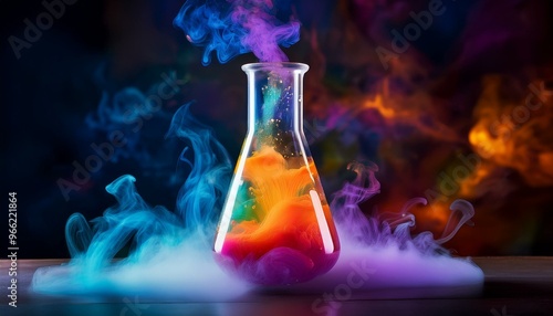 Colorful Chemical Reaction in Glass Beaker Emitting Vibrant Cartoon Smoke With Magical Atmosphere and Sensory Explosion