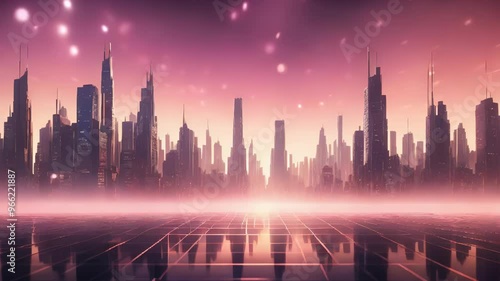 Futuristic Cityscape at Sunset with Reflective Ground