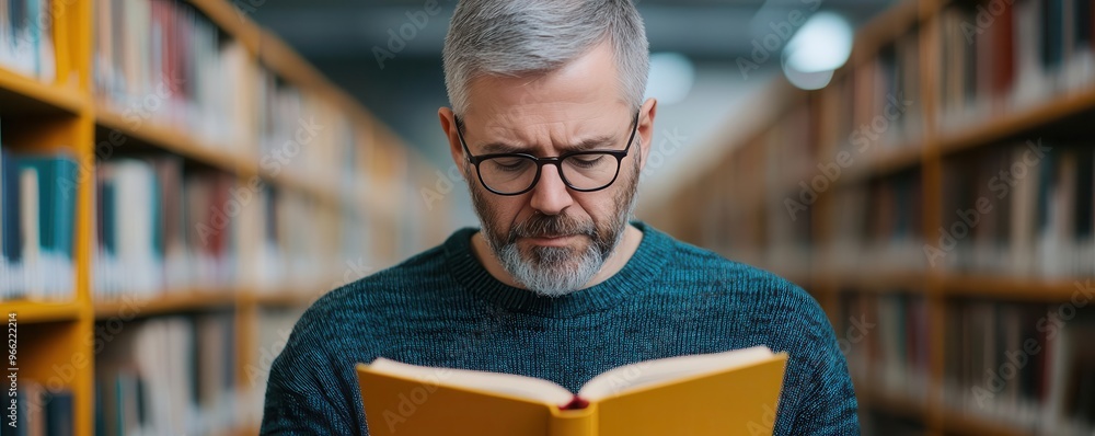 A mature student returning to higher education, studying textbooks and research papers in a university library, mature student in library, returning adult learners A mature student returning to higher education, studying textbooks and research papers in a university library, mature student in library, returning adult learners