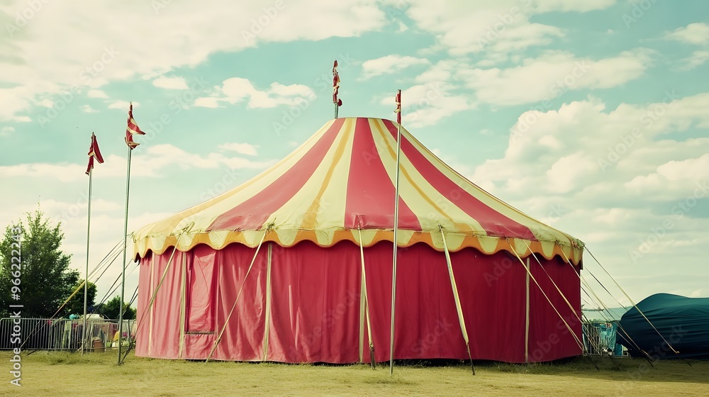 A red and yellow striped circus tent stands tall against a bright blue sky. A red and yellow striped circus tent stands tall against a bright blue sky.