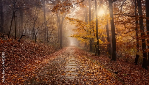 tranquil forest path covered in autumn leaves, with golden light filtering through the trees