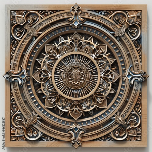 Intricate wooden mandala wall art featuring a circular floral mandala design with detailed carvings and ornate patterns, showcasing craftsmanship and artistic elegance.