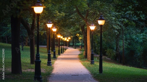 A serene park pathway lined with classic street lamps, casting a gentle, golden light on the path and creating a peaceful, enchanting nighttime scene.