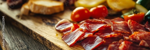 A close-up shot of thinly sliced Jamón Ibérico on a rustic wooden board, accompanied by fresh, vibrant cherry tomatoes and slices of toasted bread, highlighting the rich flavors and textures of this t photo