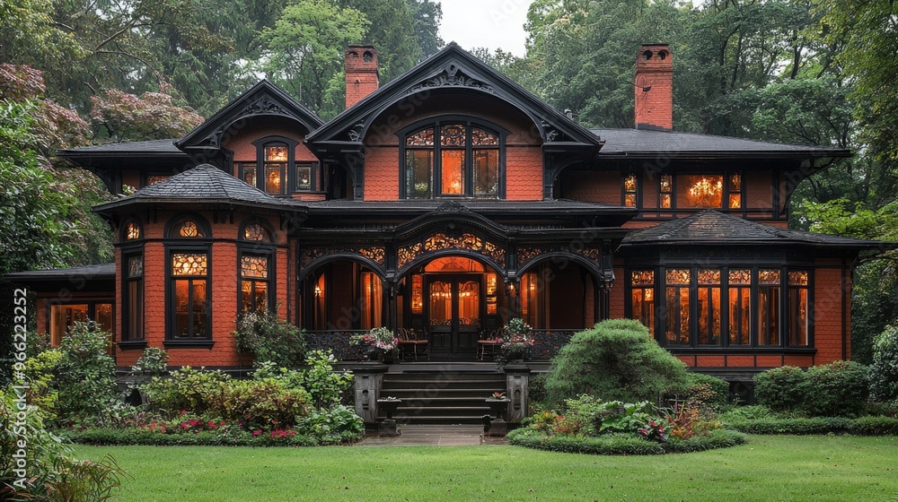 Elegant Victorian Style House Exterior with Intricate Details and Lush Garden Elegant Victorian Style House Exterior with Intricate Details and Lush Garden