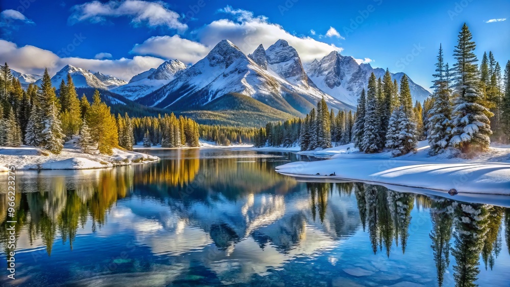 Majestic snow-capped peaks of the Colorado Rocky Mountains rise above a serene frozen lake, surrounded by lush Majestic snow-capped peaks of the Colorado Rocky Mountains rise above a serene frozen lake, surrounded by lush