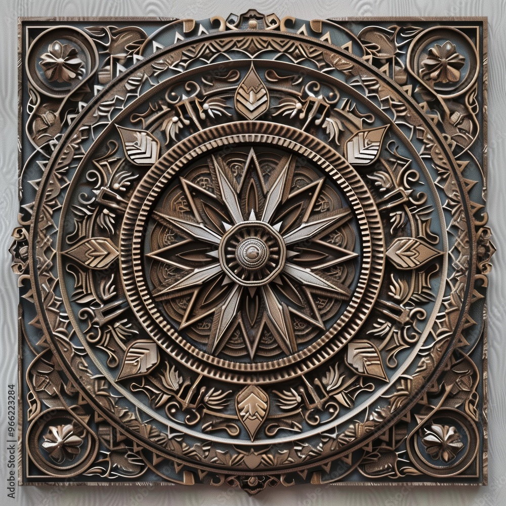 An intricately designed mandala circular relief featuring a central star motif surrounded by floral and leaf patterns, showcasing a blend of bronze and silver tones. An intricately designed mandala circular relief featuring a central star motif surrounded by floral and leaf patterns, showcasing a blend of bronze and silver tones.