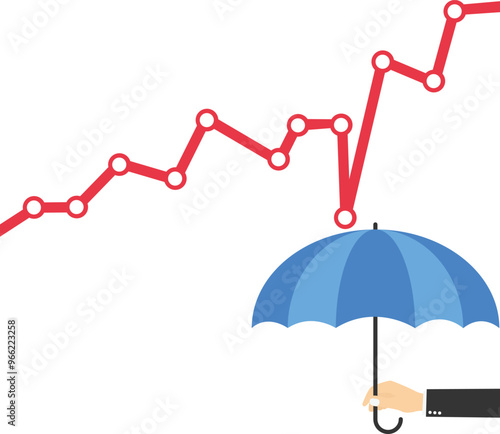 Businessman holding umbrella protect graph down. Protection from economic crisis

