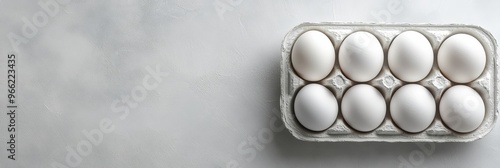 A close-up top view of a carton of fresh white chicken eggs on a white background. The eggs are arranged in a neat row, with their smooth, white shells reflecting the light. This image symbolizes puri photo