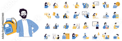 School learning concept mega set with character scenes in flat design for web. Bundle situations with people studying and teaching, reading books, answering at lessons and tests. Vector illustrations.