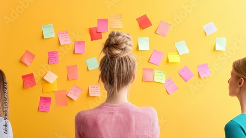 A brainstorming session with diverse individuals, each contributing ideas on sticky notes to a large whiteboard. photo