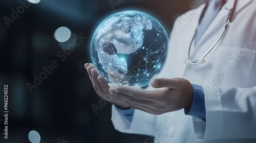 Doctor holding a glowing globe in their hands, representing global health. photo