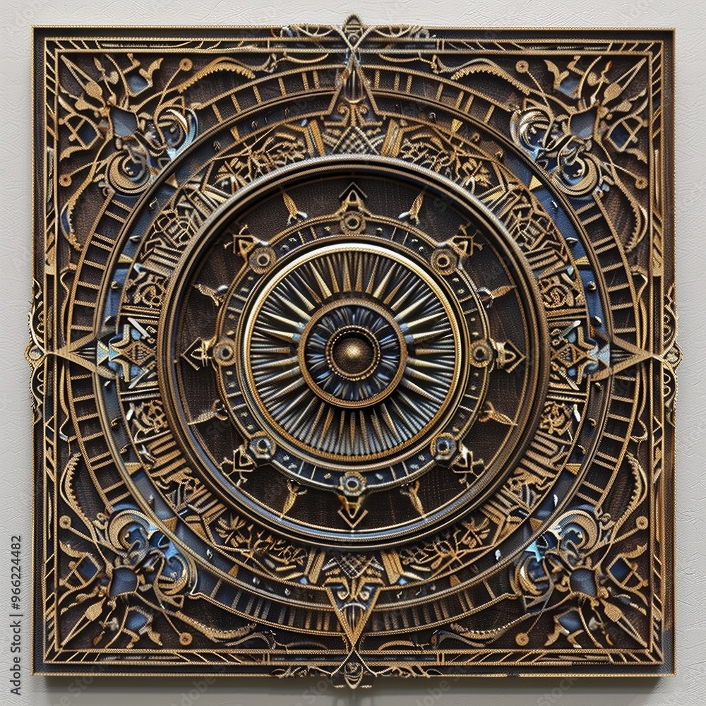 An intricate, circular mandala wall art piece featuring a central sun motif surrounded by ornate geometric patterns and decorative elements. The design combines metallic. An intricate, circular mandala wall art piece featuring a central sun motif surrounded by ornate geometric patterns and decorative elements. The design combines metallic.