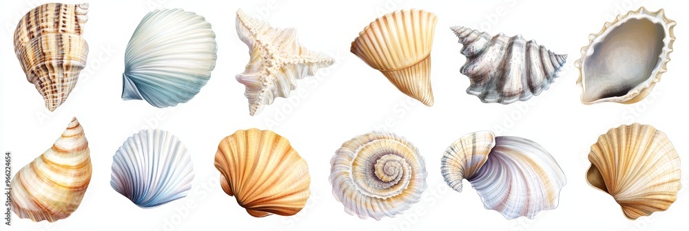 A collection of 12 meticulously crafted, high-resolution cut-out images of seashells. Each shell is isolated on a white background, ready to be used in various design projects. Perfect for creating b A collection of 12 meticulously crafted, high-resolution cut-out images of seashells. Each shell is isolated on a white background, ready to be used in various design projects. Perfect for creating b