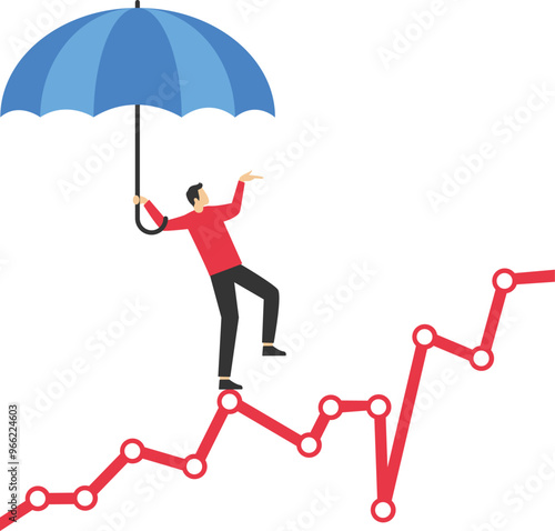 Businessman acrobat planning to walk on risky investment graph. Risk and uncertainty, investment volatility or stock market and crypto currency fluctuation up and down, all weather strategy concept.


