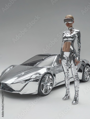 Modern fashion model beside a sleek concept silver car photo