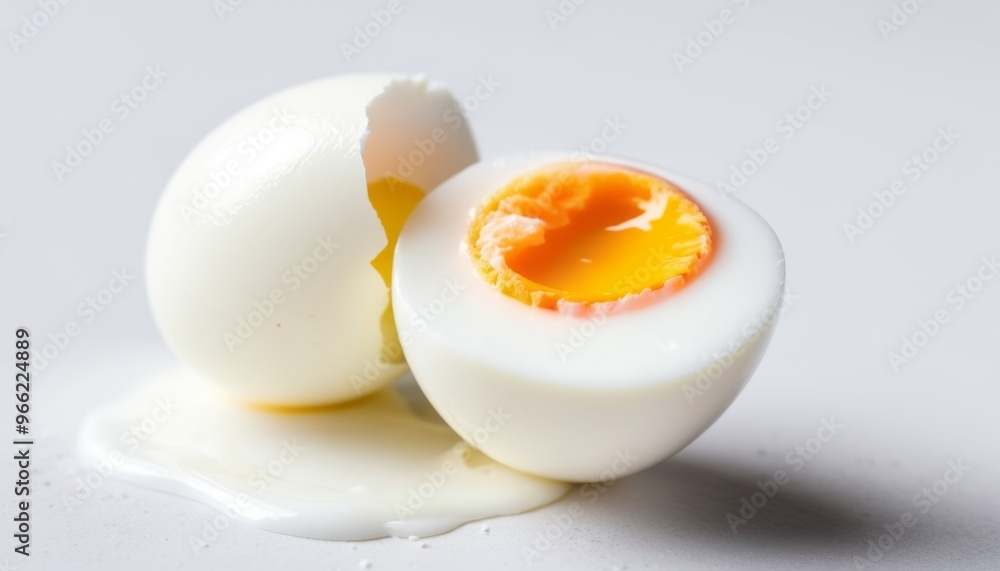 A close-up of a peeled boiled egg with a runny yolk isolated on a white background A close-up of a peeled boiled egg with a runny yolk isolated on a white background