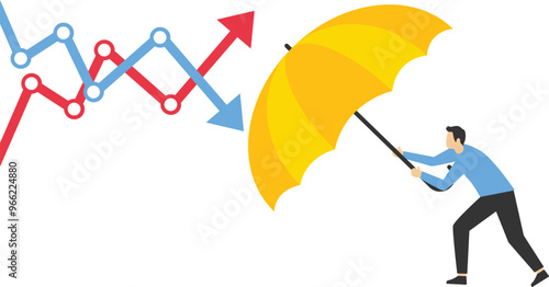 Businessman holding umbrella to cover and protect from downturn arrow. Protection or defensive stock in economy crisis or market crash, business resilient to survive difficulty or insurance concept.

