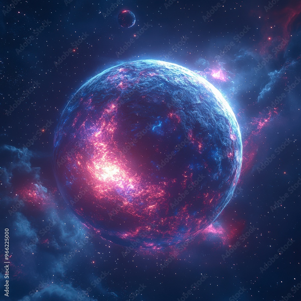 Obraz premium Blue and Pink Planet with Two Suns in Deep Space