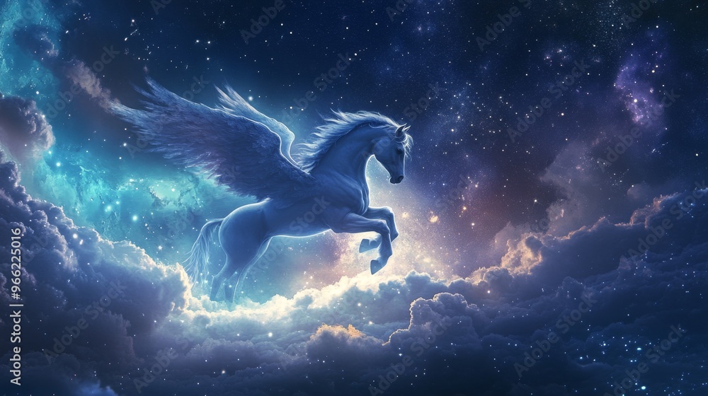 Fototapeta premium A celestial pegasus gracefully emerges from clouds beneath a starry sky at twilight
