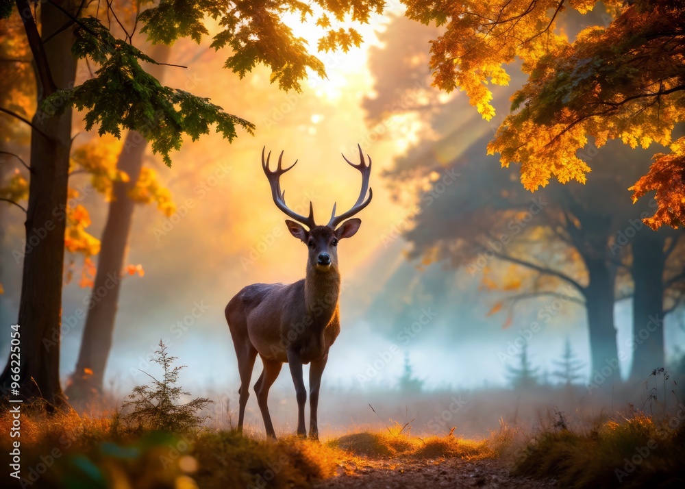 Majestic whitetail deer stands still in a misty forest at dawn, its delicate silhouette contrasting with the vibrant Majestic whitetail deer stands still in a misty forest at dawn, its delicate silhouette contrasting with the vibrant