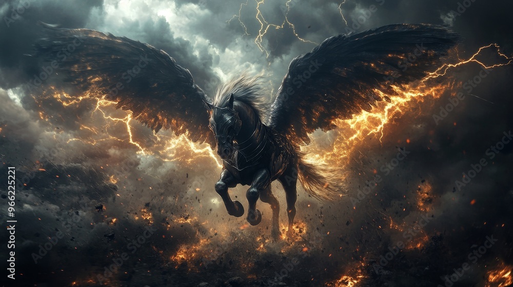 Fototapeta premium A battle-ready Pegasus with armor galloping through a thunderstorm
