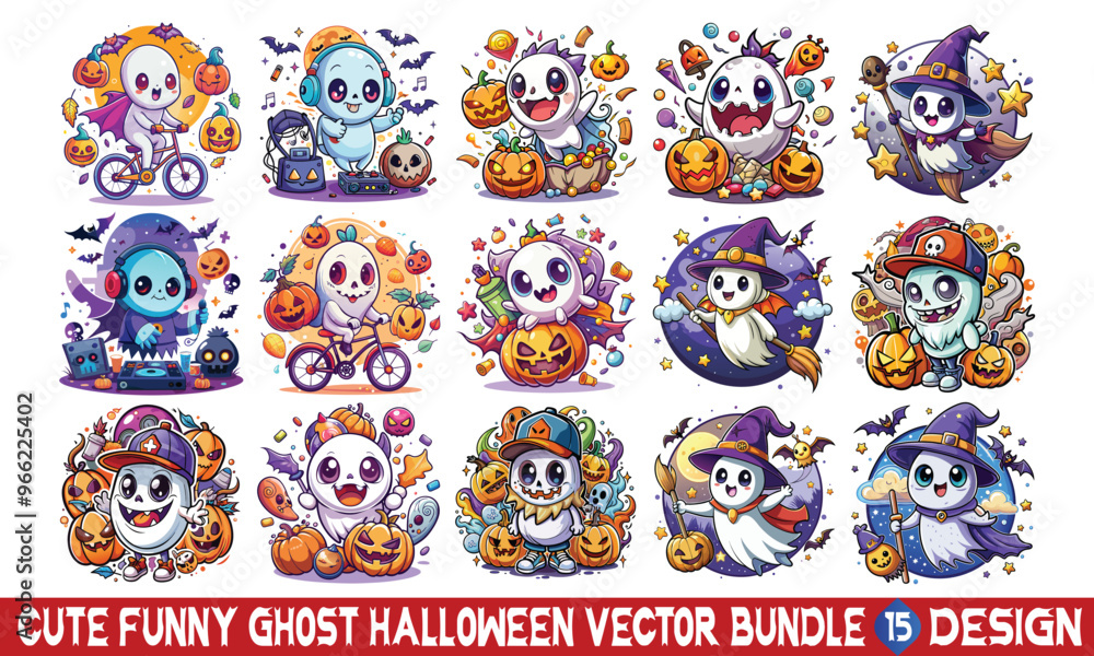 Naklejka premium Cute Funny Ghost Halloween Vector T-shirt Bundle, Halloween funny, Halloween elements, vector ghost.