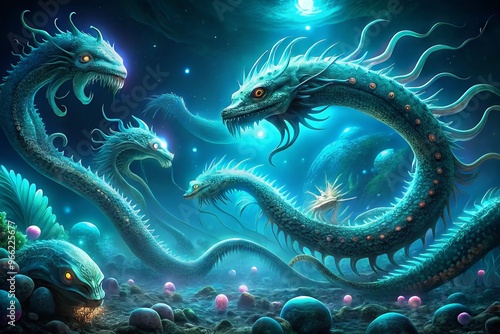 Massive serpentine sea creatures rise from dark ocean depths, their scaly bodies illuminated by a faint glow of photo