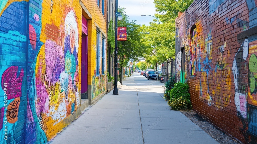 Fototapeta premium A sidewalk with vibrant street art or murals on the adjacent walls, adding a creative and colorful touch to the urban environment.