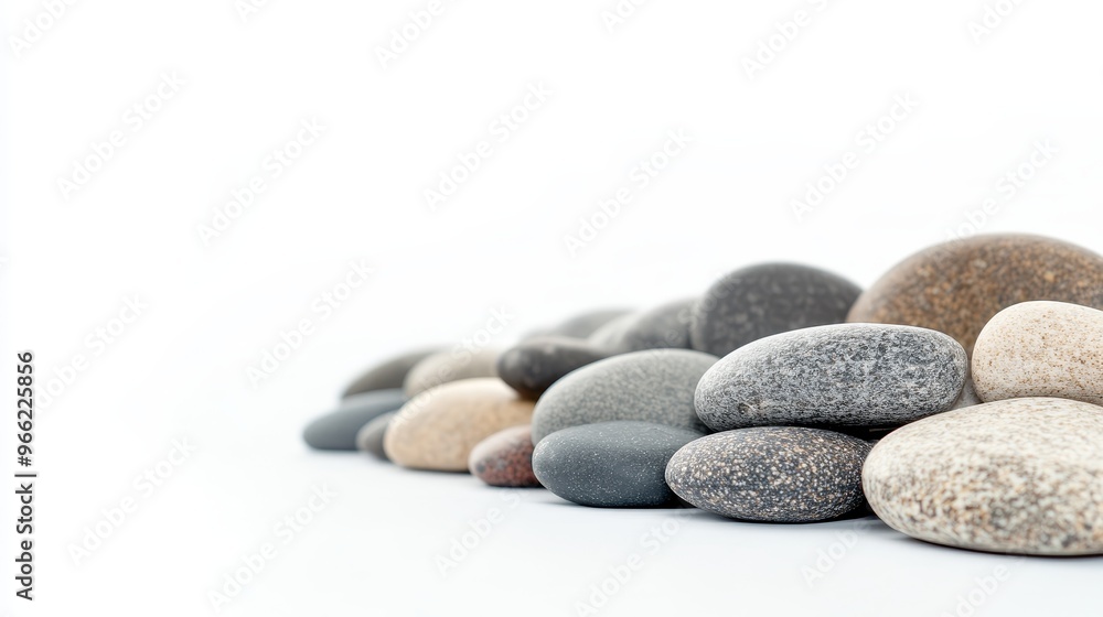 A collection of smooth river rocks arranged on a white background. The rocks are various shades of grey, brown, and black, creating a natural and calming aesthetic. This image symbolizes peace, tranqu A collection of smooth river rocks arranged on a white background. The rocks are various shades of grey, brown, and black, creating a natural and calming aesthetic. This image symbolizes peace, tranqu
