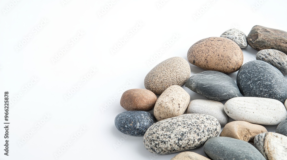A collection of smooth river rocks in various shades of gray, brown, and white are arranged in a semi-circle on a pristine white background. These natural stones represent tranquility, simplicity, and A collection of smooth river rocks in various shades of gray, brown, and white are arranged in a semi-circle on a pristine white background. These natural stones represent tranquility, simplicity, and