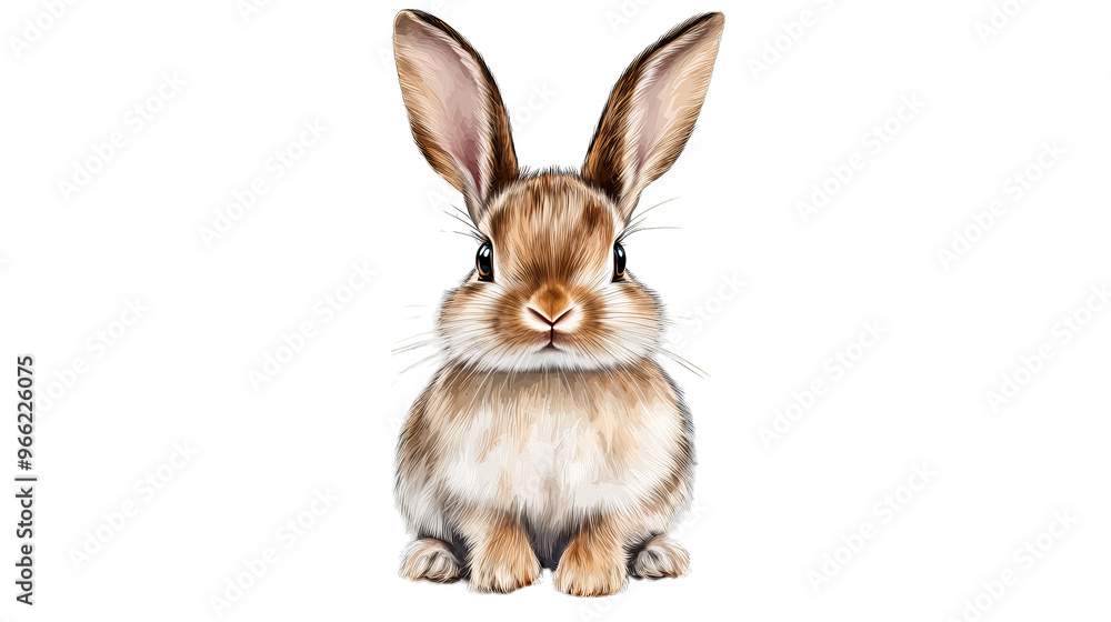 Fototapeta premium A cute, fluffy rabbit sitting upright with large ears, perfect for spring themes, children's decor, or animal illustrations.