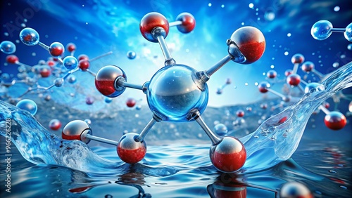 Microscopic illustration of water molecular structure, showcasing hydrogen and oxygen atoms bonded together, photo