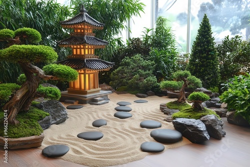 A tranquil Zen garden with perfectly raked sand, smooth stones, and a small pagoda surrounded by bonsai trees photo