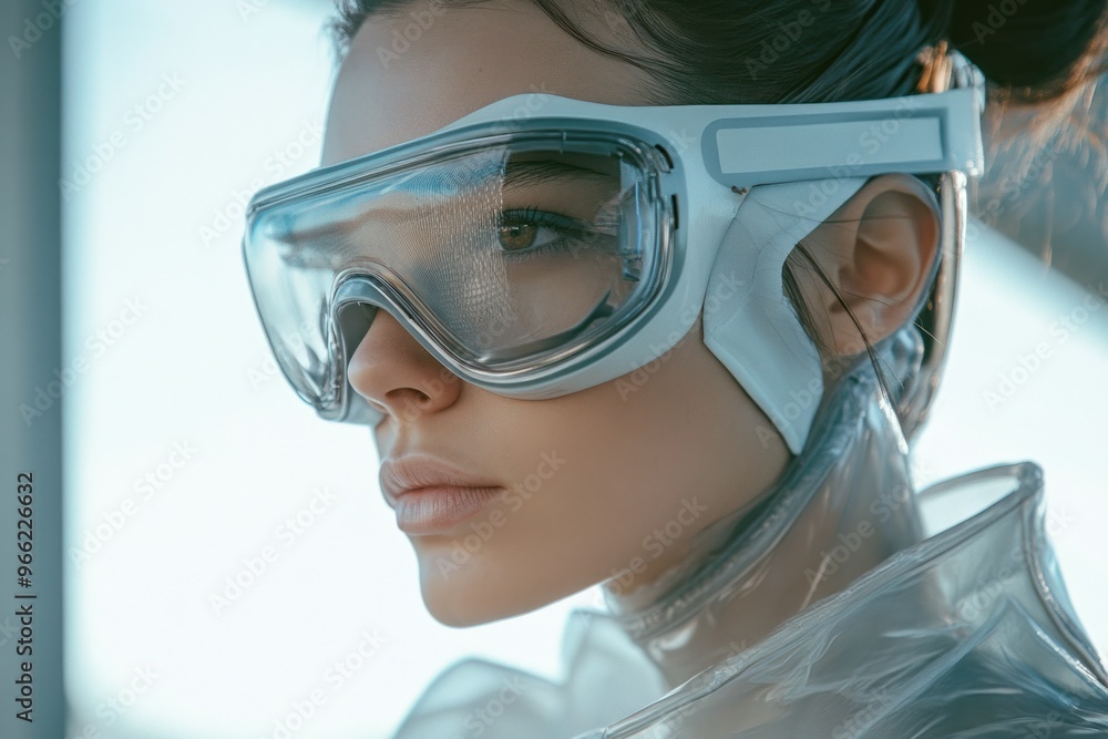 Side view of person in silver outfit and clear goggles. Side view of person in silver outfit and clear goggles.
