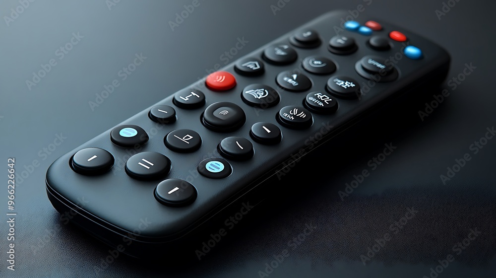 A black remote control with various buttons lies on a dark surface. A black remote control with various buttons lies on a dark surface.
