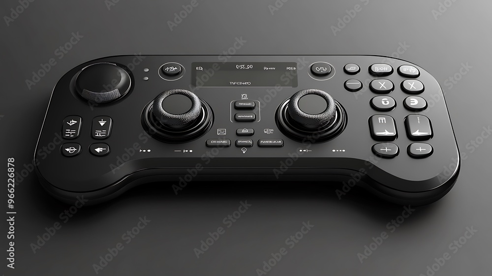 Black gaming controller with buttons, joysticks and a screen. Black gaming controller with buttons, joysticks and a screen.