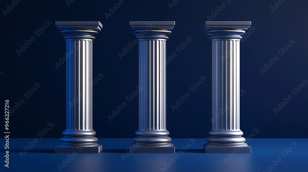 Shimmering Silver Pillars on Moody Blue Background - Hyper-realistic High-resolution Octane Render Photography with Soft Shadowing Shimmering Silver Pillars on Moody Blue Background - Hyper-realistic High-resolution Octane Render Photography with Soft Shadowing