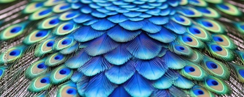 A closeup of a peacocks feathers, showcasing the vibrant blues and greens in a perfect symmetrical pattern