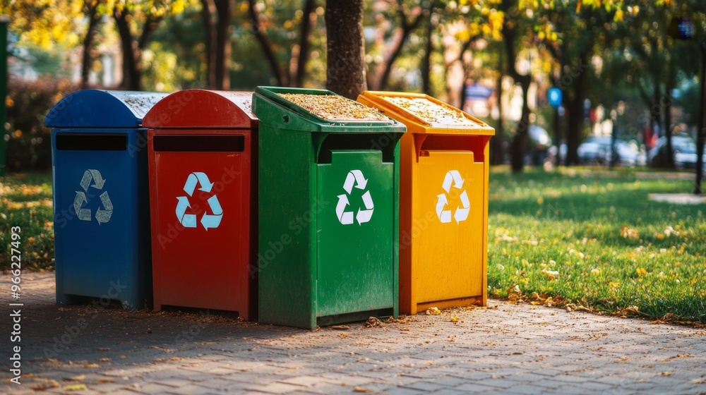 Colorful recycling bins in a city park promoting a greener environment for residents and visitors Colorful recycling bins in a city park promoting a greener environment for residents and visitors