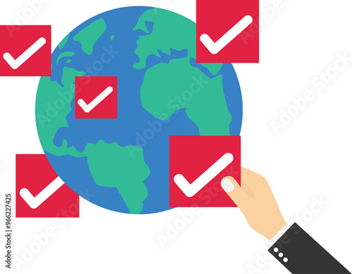 Hand put new completed checkbox on world map across globe. Agreement to deliver, leadership skill or trust on work responsibility. Flat vector illustration

