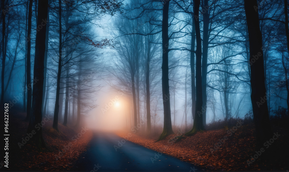 A foggy road winds through a dense forest, illuminated by the soft glow of the morning sun A foggy road winds through a dense forest, illuminated by the soft glow of the morning sun