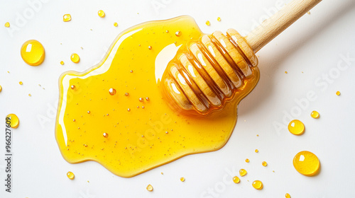 Honey splash with a wooden honey dipper on a white background, top view. 