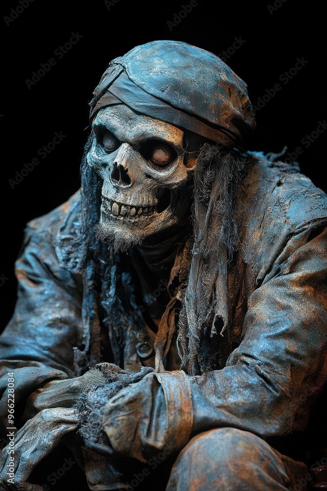Sitting skeleton pirate with empty eyes and worn clothes Sitting skeleton pirate with empty eyes and worn clothes