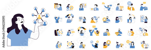 Teamwork concept mega set with character scenes in flat design for web. Bundle situations with people working together at project, supporting colleagues, brainstorming new ideas. Vector illustrations. photo