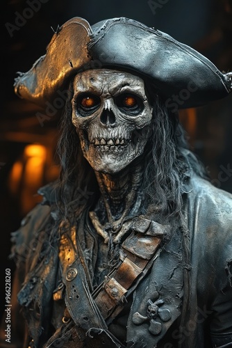 Eerie skeletal pirate with tattered clothing in darkness. photo