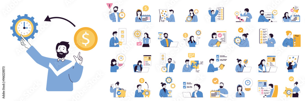 Time management concept mega set with character scenes in flat design for web. Bundle situations with people manage schedule with clock, plan tasks in calendar, work to deadline. Vector illustrations. Time management concept mega set with character scenes in flat design for web. Bundle situations with people manage schedule with clock, plan tasks in calendar, work to deadline. Vector illustrations.