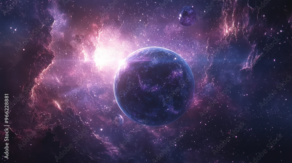 Blue and Pink Planet with Two Suns in Deep Space Blue and Pink Planet with Two Suns in Deep Space