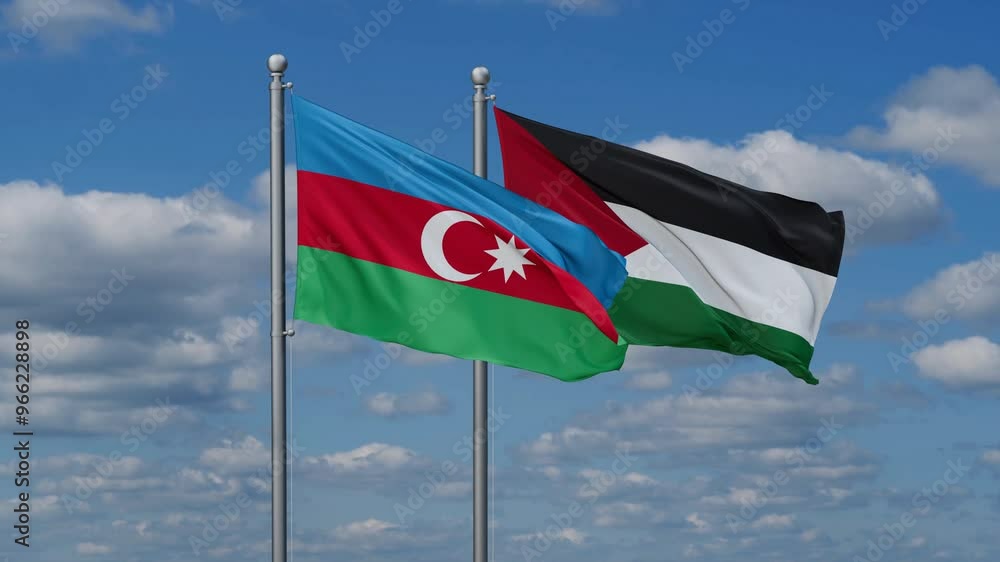 Palestine and Gaza Strip and Azerbaijan two flags waving together on blue , video concept of the relationship Palestine and Gaza Strip and Azerbaijan two flags waving together on blue , video concept of the relationship